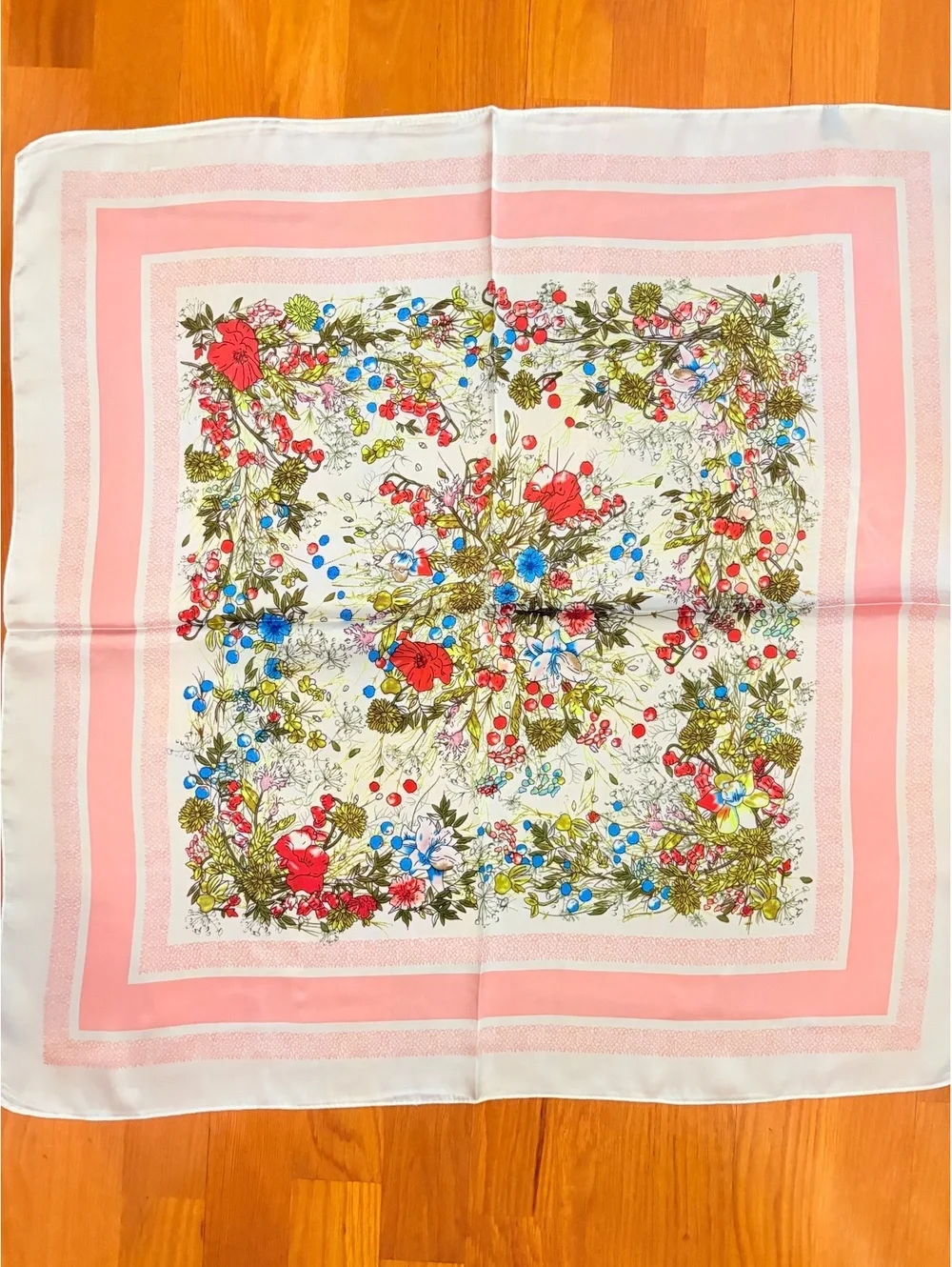 Elegant Floral Square Satin Scarf with Pink Border, 68cm x 68cm, Lightweight and